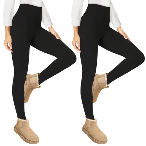 TNNZEET 2 Pack Fleece Lined Leggings Women UK Thermal Pants High Waisted for Gym Yoga in Winter Black L-XL