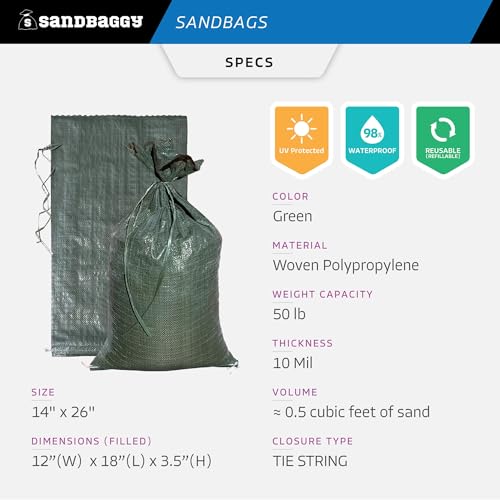 Sandbaggy - Heavy Duty Empty Sandbags For Flooding (14" X 26") - Poly Sand Bags For Flood Barrier, Weight, Construction, Earth Bag Homes - Reusable, UV Resistant - Tie Strings Attached (10 Bags)