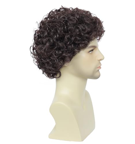 Image of Men's Short Curly Afro Wig - Ideal for 70s & 80s Disco Outfits, Halloween Cosplay Events, and Everyday Styling (Dark Brown)