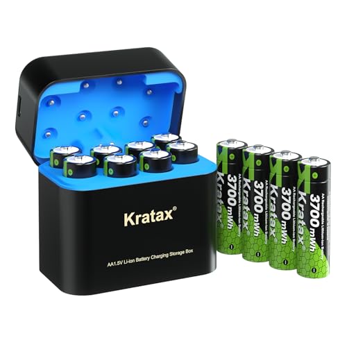 Kratax Lot de 12 piles AA au lithium rechargeables avec chargeur, haute capacité AA, 1,5 V, 3700 mWh, 2000 cycles de charge, piles AA Li-ion rechargeables avec boîtier de charge intelligent