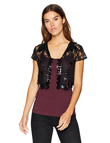 LAUNDRY BY SHELLI SEGAL Women's Sequin Cap Sleeve Lace Vest, Black, M/L