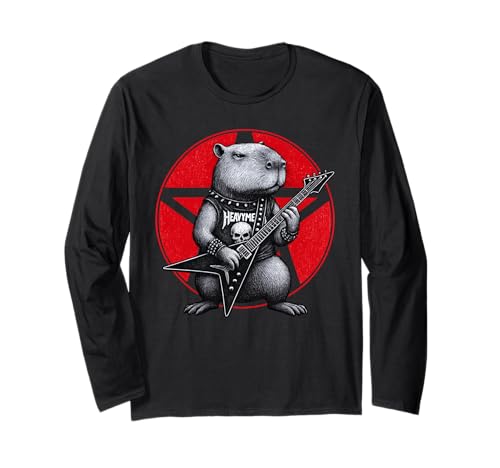 Capybara Heavy Metal Guitarra Rock Animal Lover Manga Larga