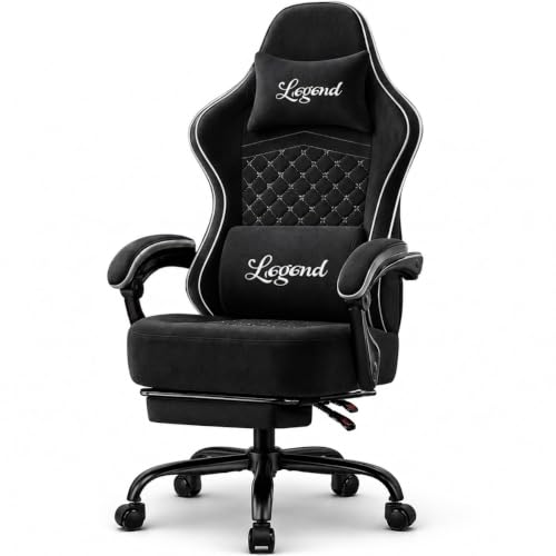 Shadcoler Gaming Stuhl Gamer Sessel - Tech-Stoff, hochdichter Schaum, Taschenfederung, ergonomische Unterstützung, 150 kg, mitlaufende Armlehnen, 90-135° verstellbare Rückenlehne, Fußstütze, Schwarz