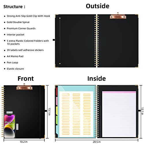 Ospelelf Clipboard Folio With Refillable Lined Notepad For Letter Size (11" X 8.5"), 5 Extra Folders With Storage 10 Pockets, File Folder Labels, Elastic Closure And Pen Loop Series (Black) #TOP1