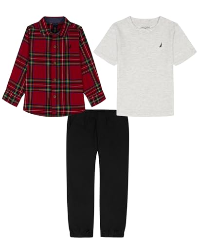La mejor comparación de Ropa para Niño los 10 mejores. 37 Nautica - Juego de pantalones de 3 piezas, Blanco jaspeado/cuadros/Deel Black, 4 Años