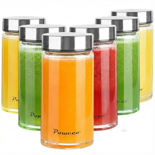 poweco Glass Juice Bottles 6 Pack 12 oz - Wide Mouth Glass Water Bottles with Lids - for Juicing, Protein, Smoothie, Milk, Reusable, BPA Free, Stainless Steel Lids, Blender, Shaker Bottle (400ml)