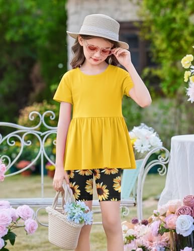 Image of Arshiner Girls Summer Outfits Short Sleeve Ruffle Hem Top and Biker Shorts Set Girl Clothes 4-15 Years