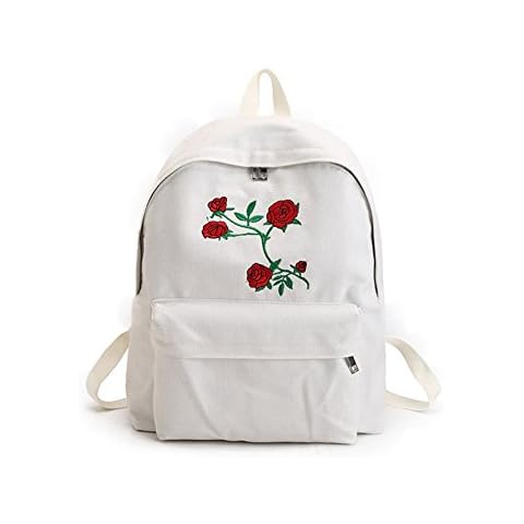 Daliuing Women Girls Daypack Casual Canvas Travel Backpack Rose Embroidery Shoulder School Satchel Multifunctional Backpack Large Rucksack for Student(White) Cover