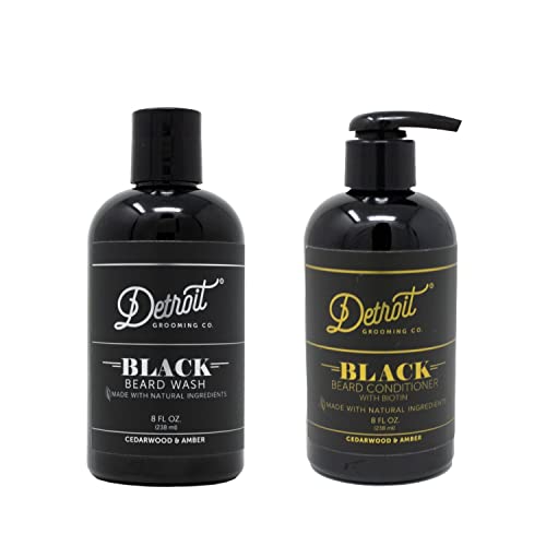 Detroit Grooming Co. Beard Duo - Black Edition - Cedarwood Amber Scented Beard Wash (8oz) and Beard Conditioner with Biotin (8oz) for the Ultimate Healthy Beard Growth and Care - Great Men's Gift Pack