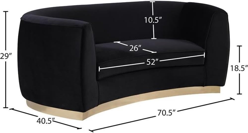 Meridian Furniture Julian Collection Modern | Contemporary Velvet Upholstered Loveseat with Stainless Steel Base in Rich Gold Finish, Black, 70" W x 34" D x 28" H