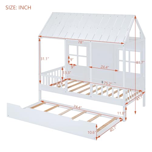 Image of Twin House Beds with Trundle for Kids Montessori Bed Wood Playhouse Tent Bed Frame for Girls Boys, Twin Size , White