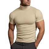RTRDE Graphic Tees for Men, Casual Mock Turtleneck T-Shirt Slim Fit Short Sleeve Summer Basic Tops Fit Solid Undershirt (3XL, Beige)