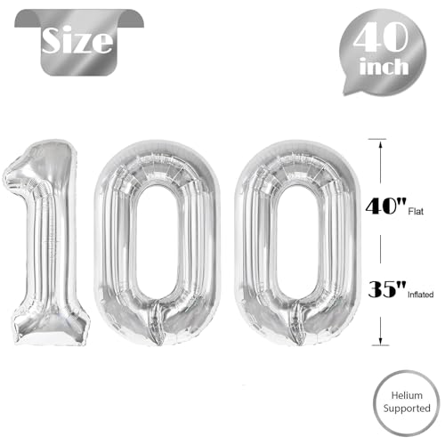 Image of Silver Number 100 Balloon 40 inch, 100 Number Balloons, 100th Silver Birthday Decorations, 100 Year Old Women Men Party Supplies
