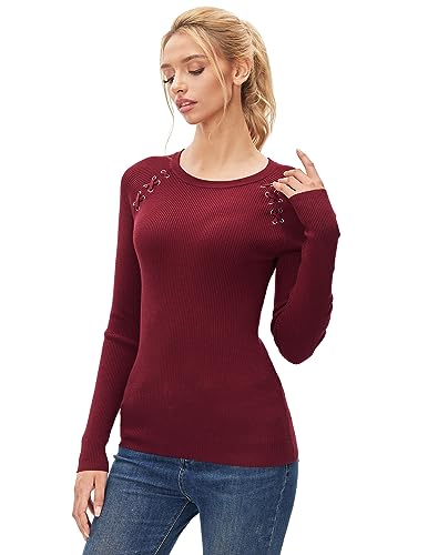 Image of AmelieBoutik Women Crewneck Criss Cross Raglan Long Sleeve Ribbed Sweater(Red Medium)