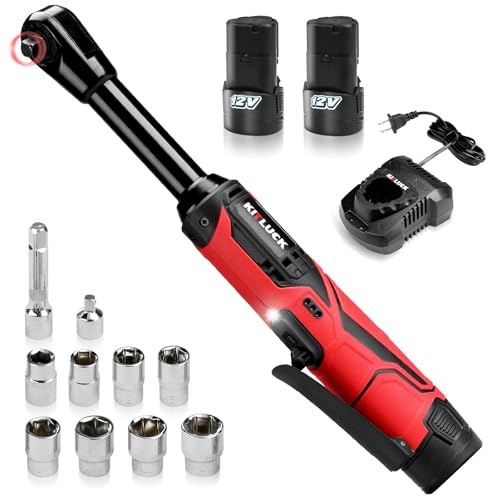 KITLUCK Cordless Electric Ratchet Wrench Set, 3/8' 12V Extended Power Ratchet Tool Kit, 41 Ft-Lbs Cordless Ratchet with 8 Sockets, 1/4' adapter, LED Light, 2-Pack 2000mAh Battery And Charger