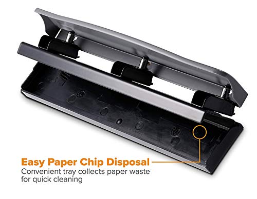 Image of Bostitch Office Premium 3 Hole Punch, 12 Sheet Capacity, Metal, Rubber Base, Easy-Clean Tray, Silver, Gray