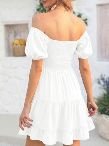Image of Veatzaer Women's Puff Sleeve Square Neck Smocked Babydoll Dress Boho Floral Print Off Shoulder Ruffle Mini Short Dress