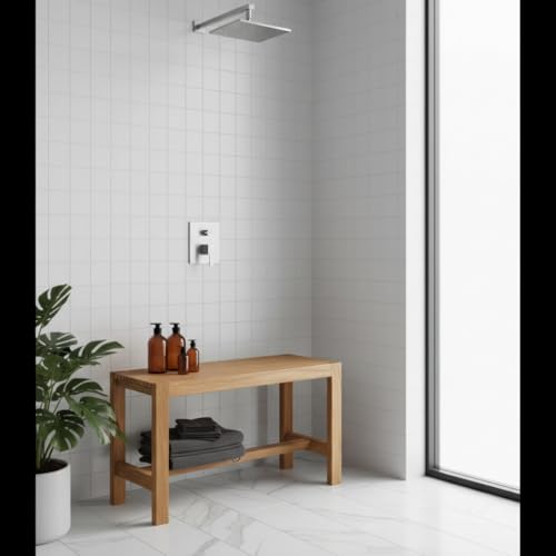 Image of Wooden Shower Bench, Natural Teak, Slatted Top Design, Bathroom Stool with Storage Shelf