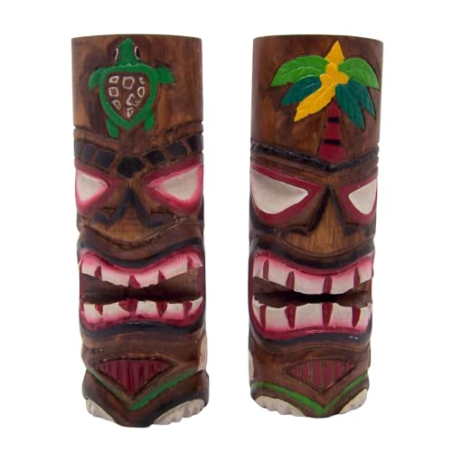 Painted Tiki Wooden Totem Poles, Freestanding, Beach Décor, Set of 2 Assorted Colors, 8 Inches High