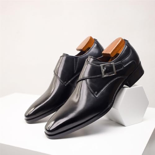 Men's Genuine Leather Monk Strap Low Heel Oxfords Classic Pointed Toe Low Top Slip On Dress Loafers Business Casual Office Wedding Formal Shoes3
