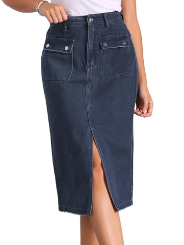 Allegra K Casual Jean Skirt for Women's High Waist Front Slit Split Hem Denim Skirts with Pockets