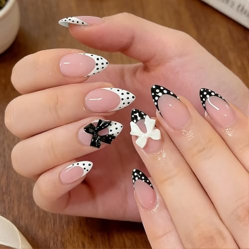 Polka Dot Press on Nails Black White Almond French Tip