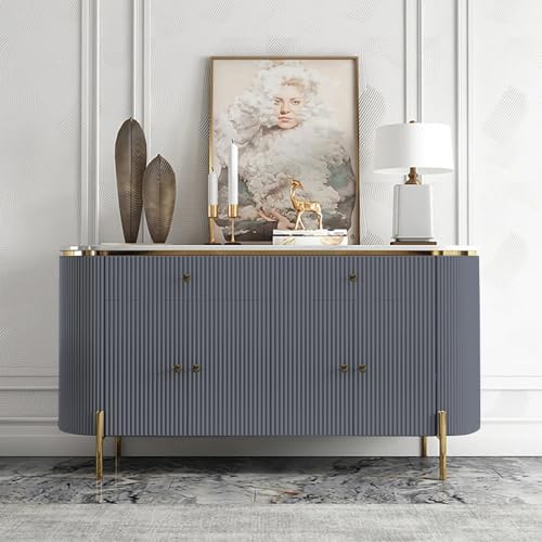 Image of Modern Console Table, 55 x 15 x 30 inch, White Ribbed Design, Marble Top, Gold Accents, 4-Door Storage Cabinet, Waterproof Plywood, PVD-Coated Legs, Elegant Entryway (Grey)