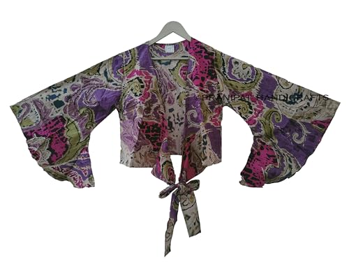 Abstract Print Beach cover up Purple Bell Sleeves 70's Retro Dress Sleepwear Hippie Clothing Crop Top2