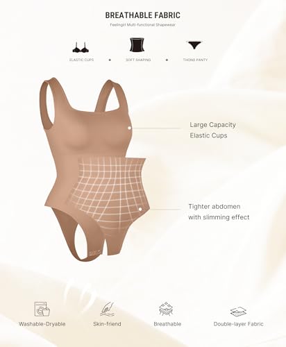 Image of FeelinGirl Bodysuits for Women Seamless Square Neck Tummy Control Compression Thong Shapewear Bodysuit Tank Tops Bodysuit