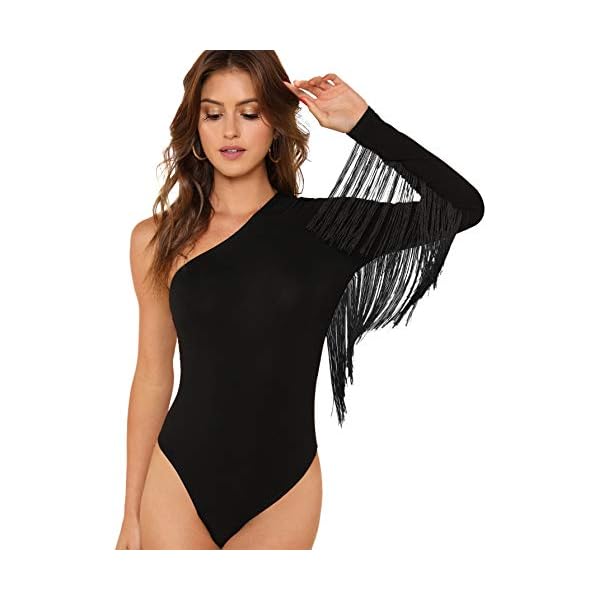 Verdusa-Womens-Fringe-Trim-One-Shoulder-Long-Sleeve-Bodysuit-Top Verdusa Women's Fringe Trim One Shoulder Long Sleeve Thong Bodysuit Top Black M
