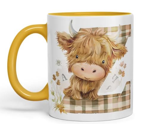 Vixar Highland Cow Alphabet Monogram Coloured Ceramic Cup Mug Letter Z Rustic Farmhouse Animal Letter Gift 11oz (Gold Yellow)