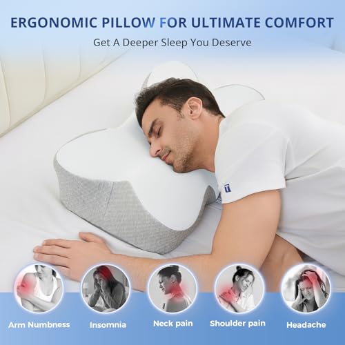 JOLLYVOGUE Cervical Neck Pillow for Pain Relief Memory Foam Side Sleeper Pillow with Cooling Pillowcase, Ergonomic Design for Back Stomach Sleepers, Medium, White