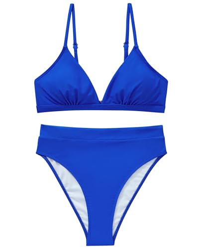 SUUKSESS Women Sexy High Waisted Two Piece Bikini Sets Triangle High Cut Swimsuit Push Up Bathing Suit (Royal Blue, XL)