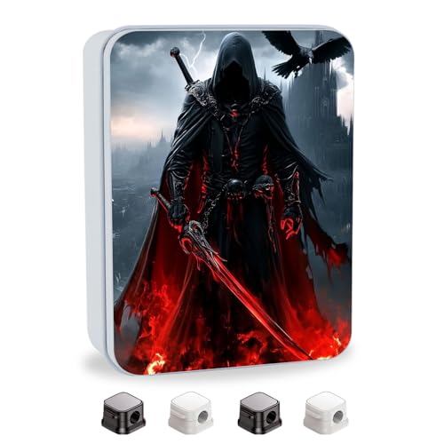 Image of Metal Tin Box with Lid,Multi-functional Storage Box Can Store Tea Biscuits Game Cards, Playing & Tarot Cards-Comes with 4 Magnetic Cord Clips,Dark Warrior with Red Sword