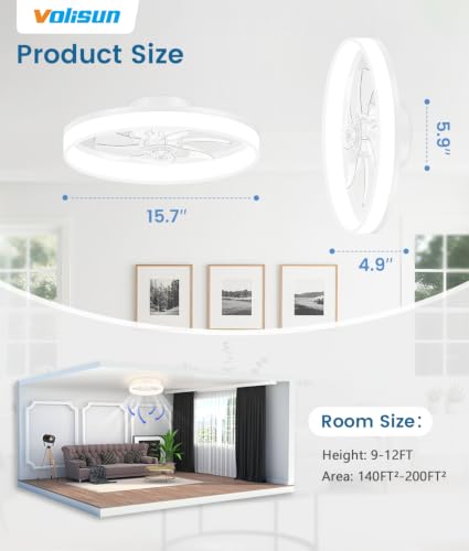 Image of VOLISUN Low Profile Ceiling Fans with Lights and Remote, 16in Fandelier Ceiling Fan Flush Mount, 3000K-6500K Smart Bladeless LED Fan Light, White Modern Ceiling Fans with Lights for Bedroom
