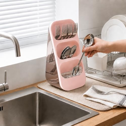 Image of Kitchen Utensil Holder with Drain Tray & Dustproof Cover | 3 Compartment Cutlery Organizer | Self Draining Countertop Storage Rack for Spoons Forks Chopsticks Kitchen Accessories (Pink)