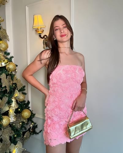 Image of Womens Strapless Mini Dress Sexy Short Bodycon Off Shoulder Stretchy 3D Floral Appliques Tube Top Cocktail Party Dress
