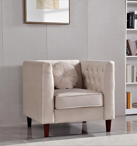 Sillón terciopelo beige moderno con detalles elegantes miniatura 1