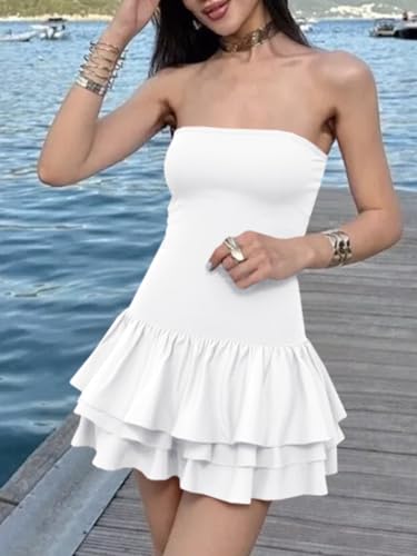 Image of Yousify Womens Sexy Strapless Tube Dress Summer Sleeveless Tiered Ruffle Club Party Mini Dresses with Built-in Shorts