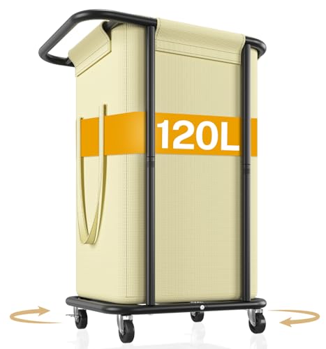 VASZOLA Cesta grande de 120 L con ruedas, cesta de ropa sucia con bolsa de lona extraíble, carrito de lavandería moderno de metal resistente para baño, lavandería, dormitorio, beige