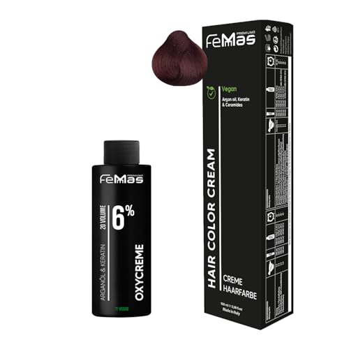 Femmas Set de tinte para el cabello rubio oscuro rojo intenso 6,66 I Crema colorante 100 ml + Crema de óxido 100 ml 6,0% I Coloración permanente del cabello + revelador I Suave y duradero I Tinte de