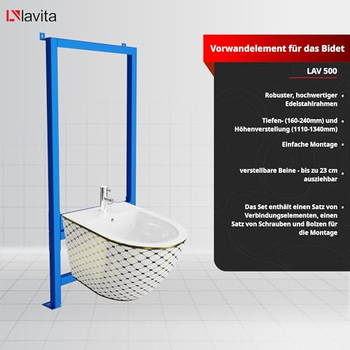 LAVITA Vorwandelement für Bidet LAV 500 + Wand-Bidet Sofi Checked Gold Komplettset Wand-Hänge Bidet mit Hahnloch und Überlaufschutz aus Keramik WC Hygienisch und Pflegeleicht 36,5x49x32,5 cm – Bild 4