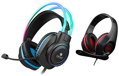 Image of ZEBRONICS Jet PRO Premium Gaming Headphone with LED for Headband + earcups, 40mm Neodymium Drivers, 2 Meter Braided Cable, Flexible mic & Zeb-Grace Wired Over The Ear Headphone with Mic (Black)