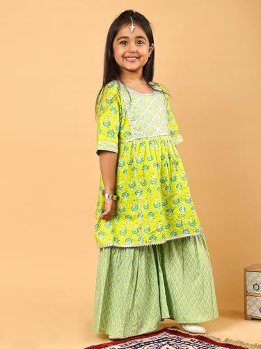 Image of superminis Baby Girl's Cotton Sanganeri /Floral Printed Frock Style Kurti With Printed Sharara Dress Clothing Set