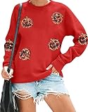 VILOVE Halloween Pumpkin Sequin Sweatshirt Women: Pumpkin Face Long Sleeve Tops Fall Hoodie Party Pullover Red