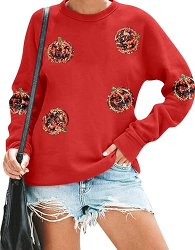 VILOVE Halloween Pumpkin Sequin Sweatshirt Women: Pumpkin Face Long Sleeve Tops Fall Hoodie Party Pullover Red