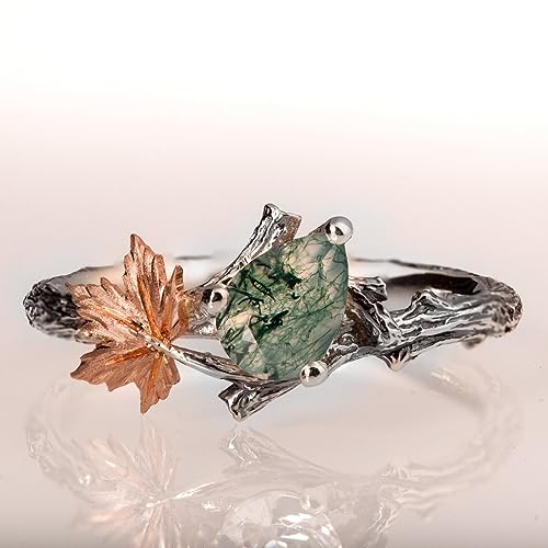 Natural Moss Agate Ring for Women 925 Sterling Silver Green Agate Promise Ring with Vine Leaf Engagement Wedding Jewelry Gift for Women Free Engraving-B8.54