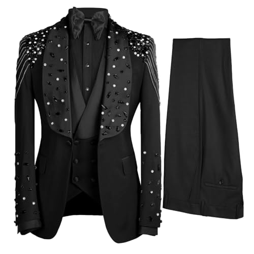 3 Piece Men's Tuxedo Suits Luxury Rhinestone Shawl Lapel Blazers Slim Jacket Vest Pants Sets for Wedding,Prom,Party