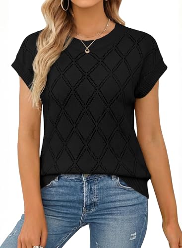 Image of SHEWIN Womens Tops Crewneck Cable Knit Short Sleeve Sweater Loose Lightweight Blouses Dressy Casual Pullover Sweaters Top
