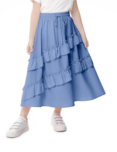 Image of Girls High Waisted Ruffle Maxi Skirt Soft Cotton Long Skirts with Elastic Waistband for Kid Girl 3-12 Years